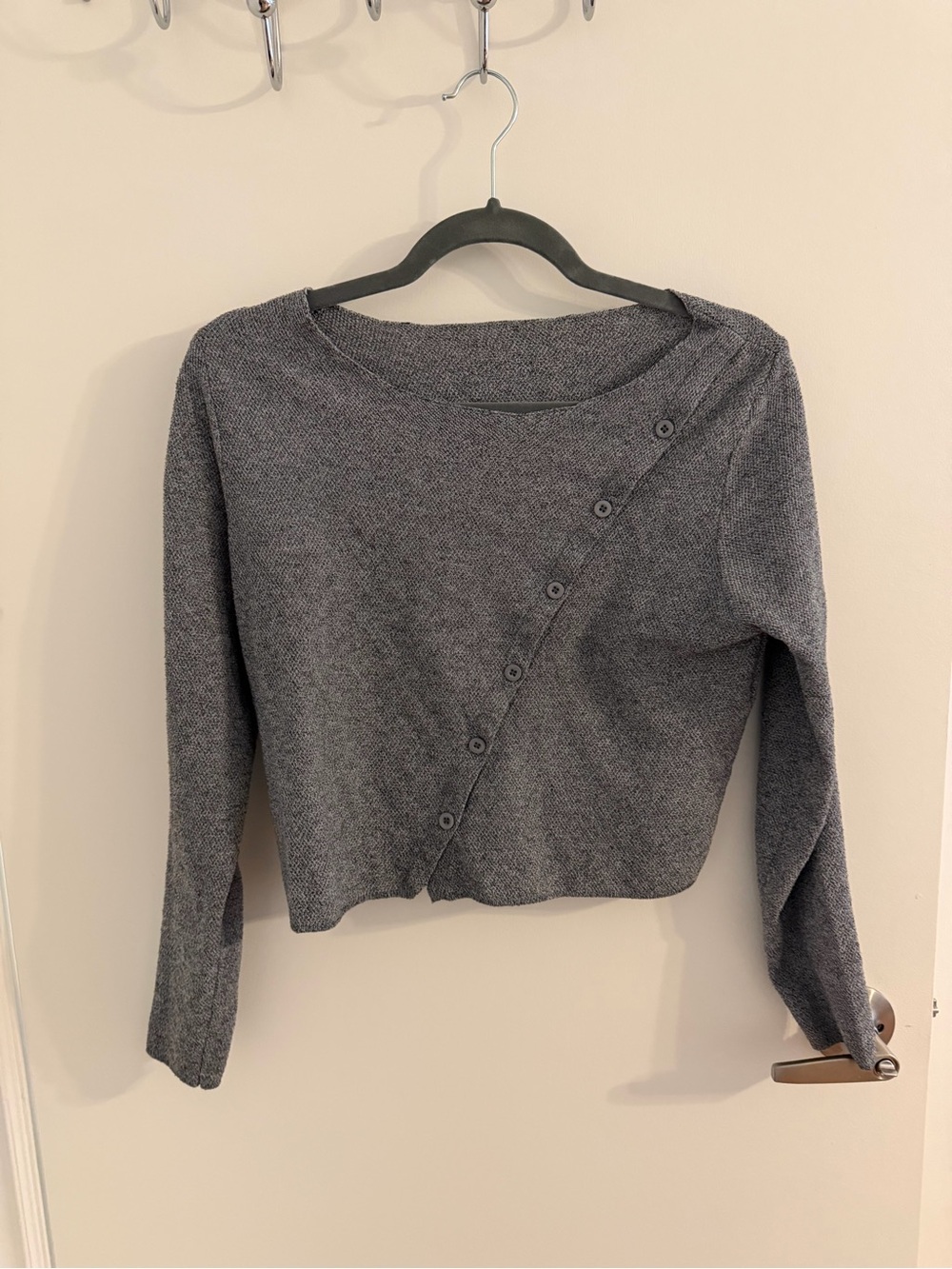 SHEIN Gray Cropped Diagonal Button Knit Sweater